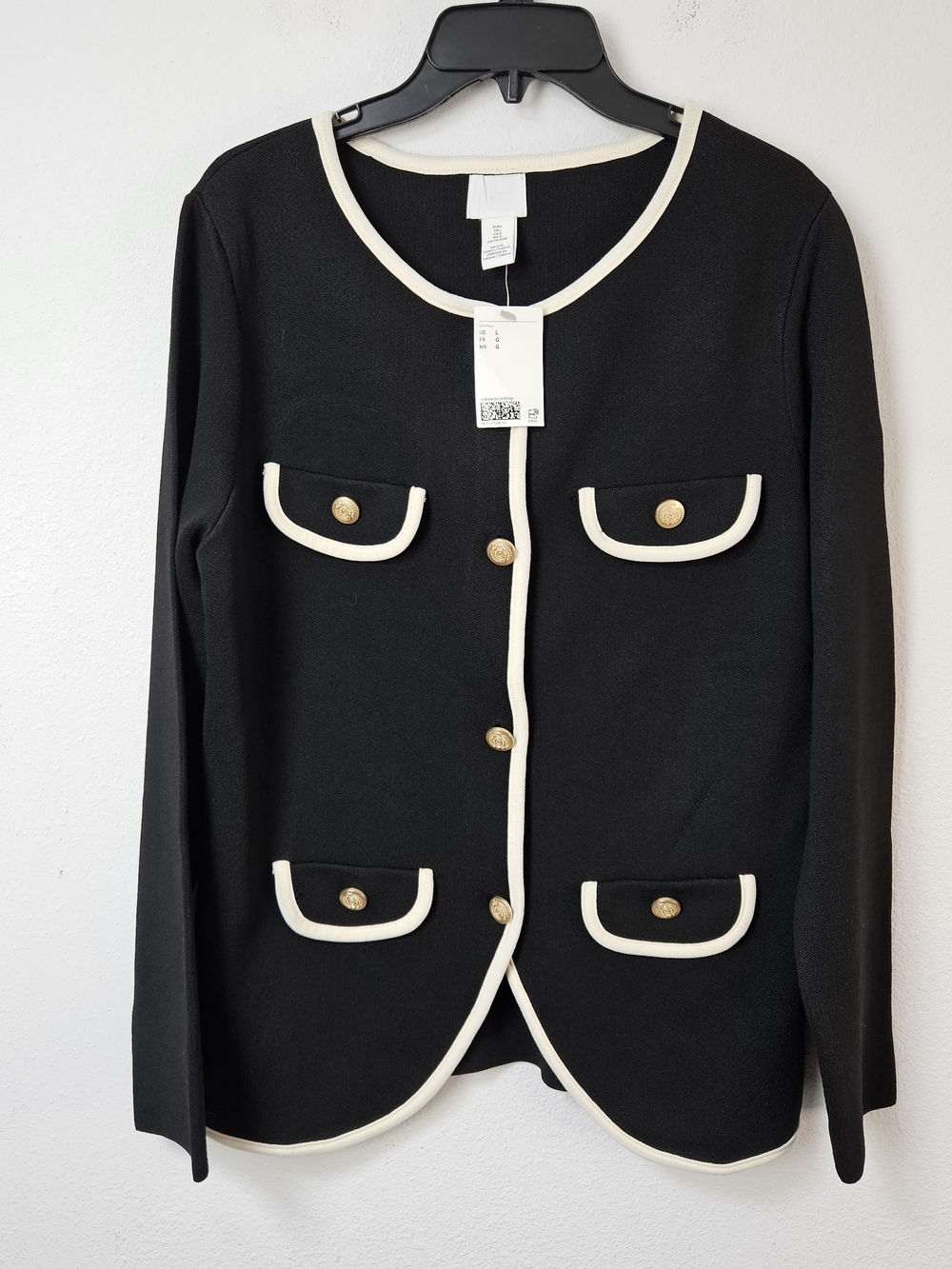 H&M Classic Black Contrast-Trim Women's Sweater Cardigan Jacket Size Large